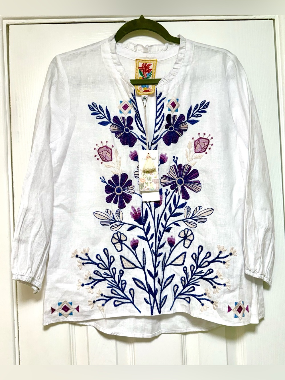 Johnny Was White Tunic with Multicolor Floral Embroidery